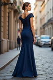 Mermaid V-Neck Long Navy Mother of the Bride Dress with Beading