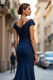 Mermaid V-Neck Long Navy Mother of the Bride Dress with Beading