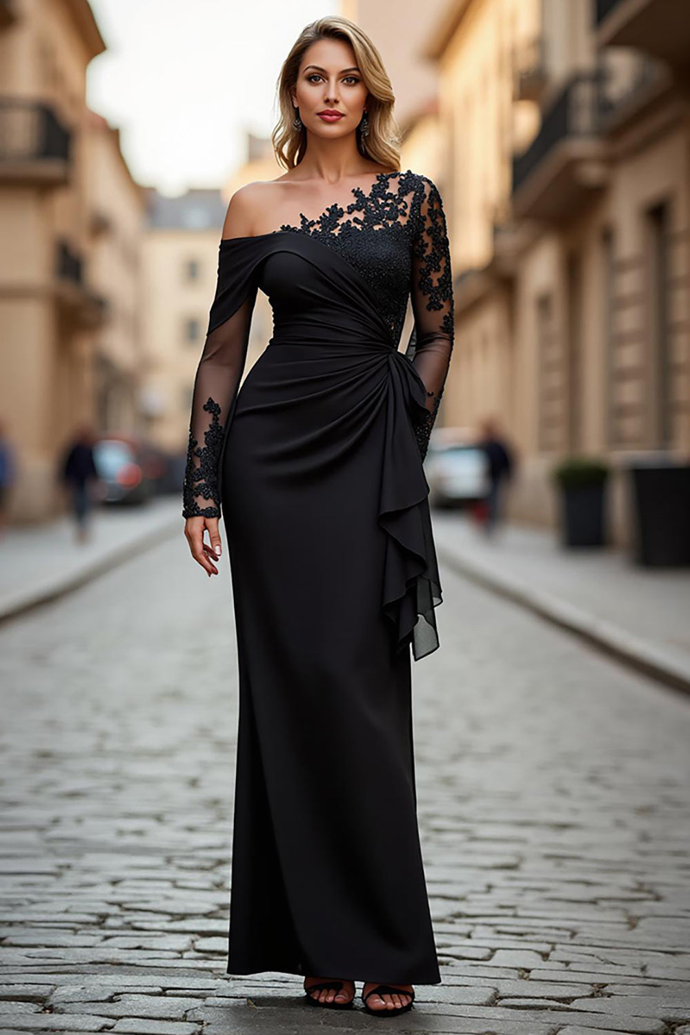 Black Sheath Asymmetrical Long Mother of the Bride Dress with Lace Appliques