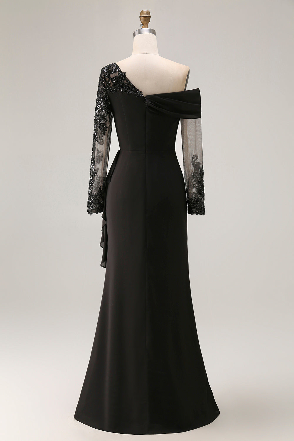 Black Sheath Asymmetrical Long Mother of the Bride Dress with Lace Appliques