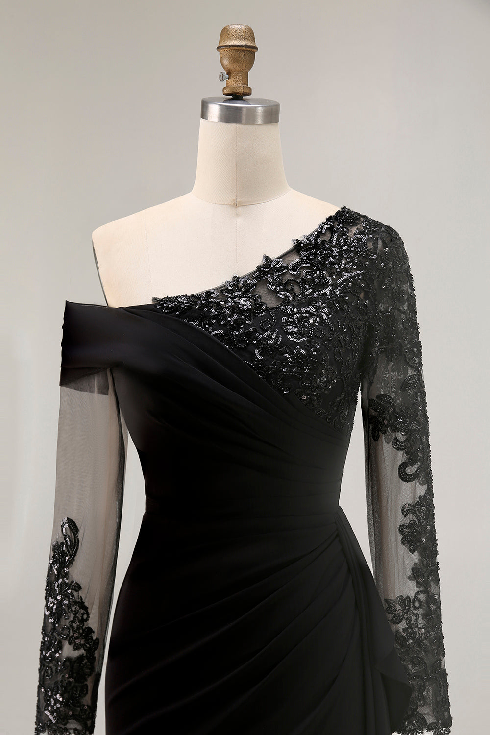 Black Sheath Asymmetrical Long Mother of the Bride Dress with Lace Appliques