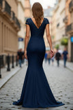 Mermaid V-Neck Long Navy Mother of the Bride Dress with Sash