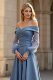 A Line Off the Shoulder Long Chiffon Dusty Blue Mother of the Bride Dress