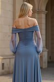 A Line Off the Shoulder Long Chiffon Dusty Blue Mother of the Bride Dress