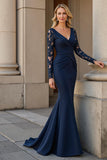 Mermaid V-Neck Long Navy Mother of the Bride Dress with Lace