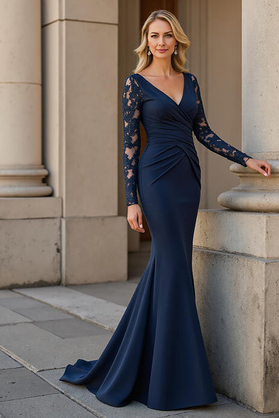 Zapaka Women Long Navy Mother of the Bride Dress with Lace Back Zipper Mermaid Long Sleeves Formal Dress, Navy / US16W