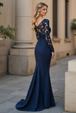 Mermaid V-Neck Long Navy Mother of the Bride Dress with Lace