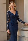 Mermaid V-Neck Long Navy Mother of the Bride Dress with Lace