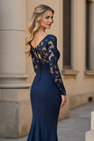 Mermaid V-Neck Long Navy Mother of the Bride Dress with Lace