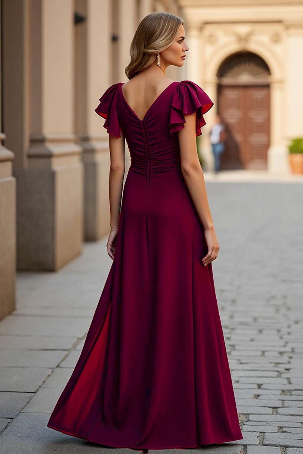 V-Neck Ruched Chiffon A Line Burgundy Mother of the Bride Dress