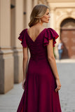 V-Neck Ruched Chiffon A Line Burgundy Mother of the Bride Dress
