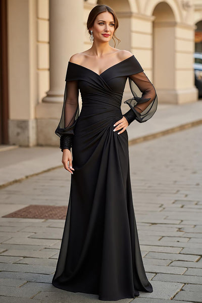 Zapaka Women Long Black Mother of the Bride Dress Long Sleeves V-Neck A Line Formal Dress, Black / US6