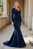 Mermaid V-Neck Sweep Train Navy Mother of the Bride Dress