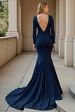 Mermaid V-Neck Sweep Train Navy Mother of the Bride Dress