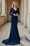 Mermaid V-Neck Sweep Train Navy Mother of the Bride Dress