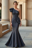Mermaid One Shoulder Steel Grey Satin Mother of the Bride Dress with Appliques