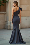 Mermaid One Shoulder Steel Grey Satin Mother of the Bride Dress with Appliques
