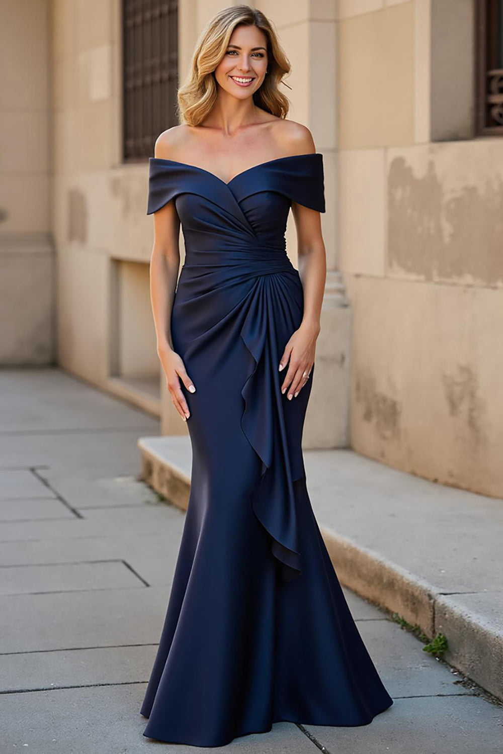 Navy Long Mermaid Off the Shoulder Mother of the Bride Dress