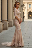 Champagne Sweep Train Mermaid V-Neck Mother of the Bride Dress with Appliques