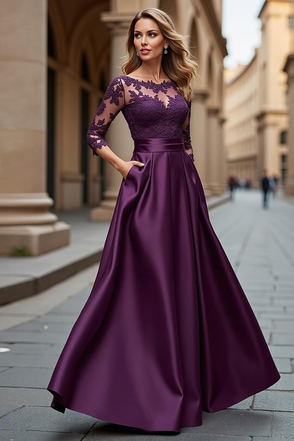 Illusion Neck Satin A Line Grape Mother of the Bride Dress with Lace Appliques
