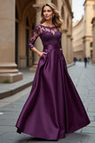 Illusion Neck Satin A Line Grape Mother of the Bride Dress with Lace Appliques