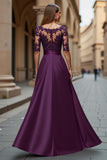 Illusion Neck Satin A Line Grape Mother of the Bride Dress with Lace Appliques