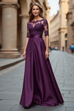 Illusion Neck Satin A Line Grape Mother of the Bride Dress with Lace Appliques