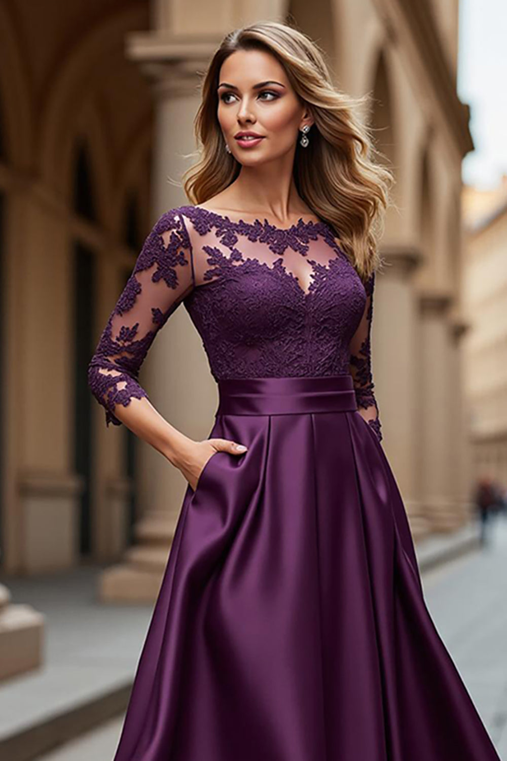 Illusion Neck Satin A Line Grape Mother of the Bride Dress with Lace Appliques