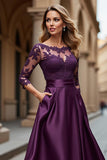 Illusion Neck Satin A Line Grape Mother of the Bride Dress with Lace Appliques