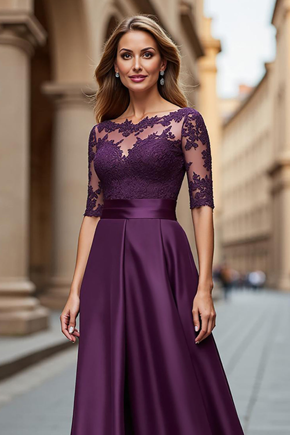 Illusion Neck Satin A Line Grape Mother of the Bride Dress with Lace Appliques