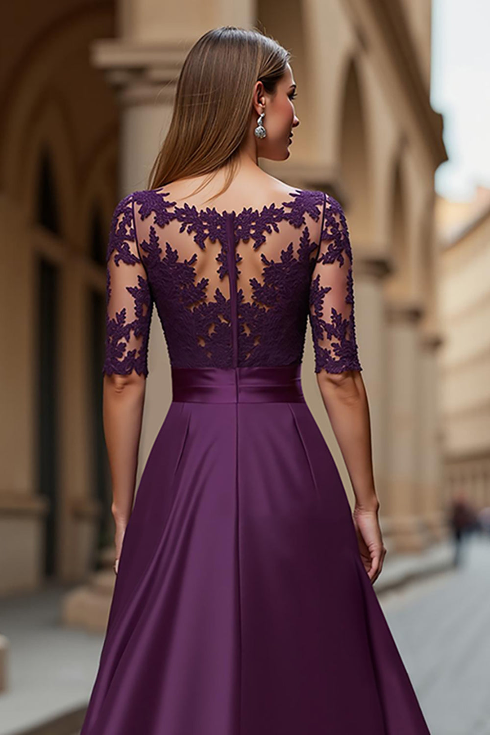 Illusion Neck Satin A Line Grape Mother of the Bride Dress with Lace Appliques