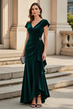 Pine Ruched A Line V-Neck Asymmetrical Mother of the Bride Dress