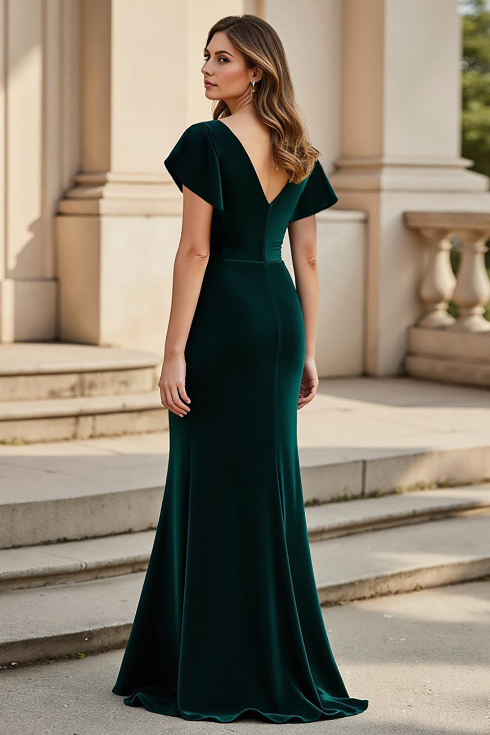 Pine Ruched A Line V-Neck Asymmetrical Mother of the Bride Dress