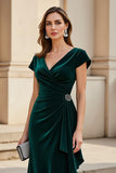 Pine Ruched A Line V-Neck Asymmetrical Mother of the Bride Dress
