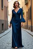 Navy V-Neck Stretch Satin A Line Mother of the Bride Dress