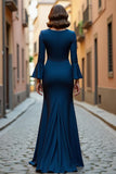 Navy V-Neck Stretch Satin A Line Mother of the Bride Dress