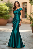 One Shoulder Ruched Mermaid Peacock Green Mother of the Bride Dress