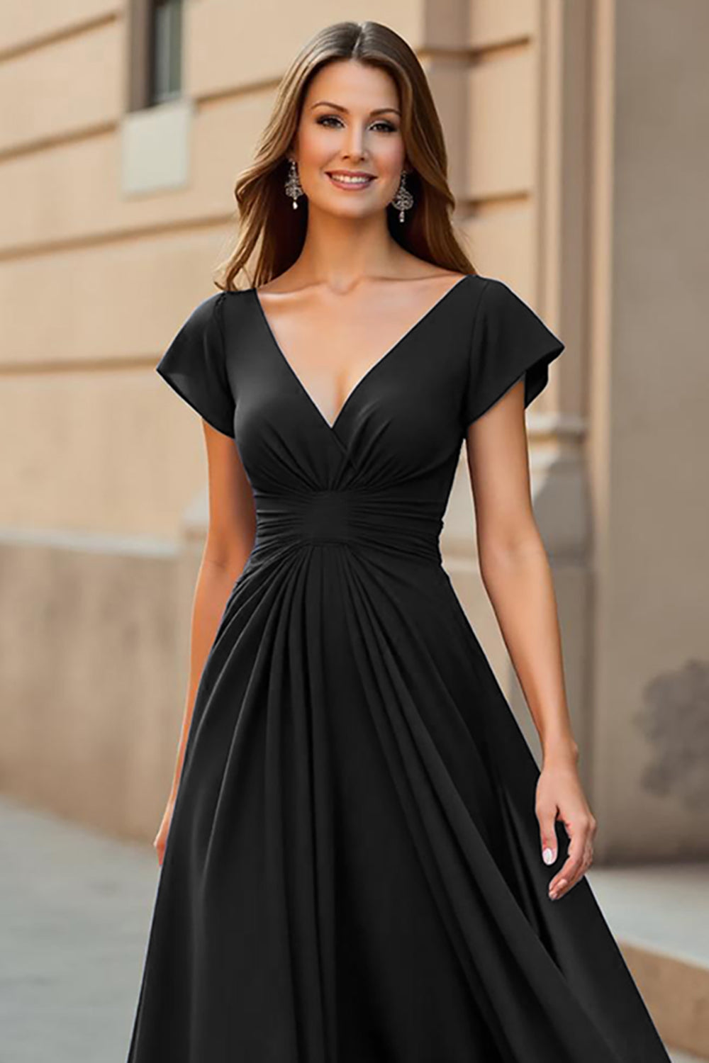 Pine Long Chiffon A Line V-Neck Mother of the Bride Dress