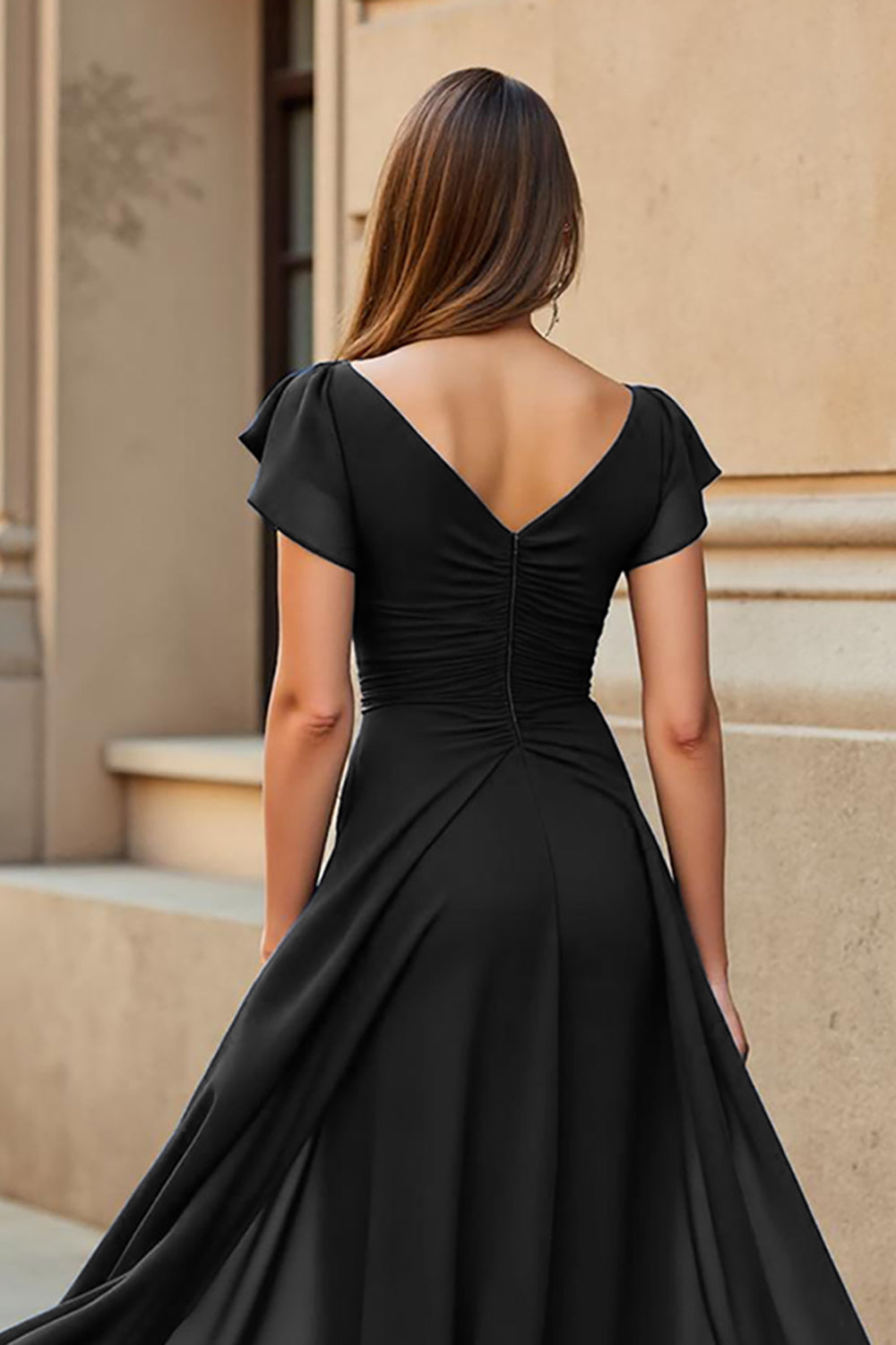 Pine Long Chiffon A Line V-Neck Mother of the Bride Dress