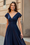 Pine Long Chiffon A Line V-Neck Mother of the Bride Dress