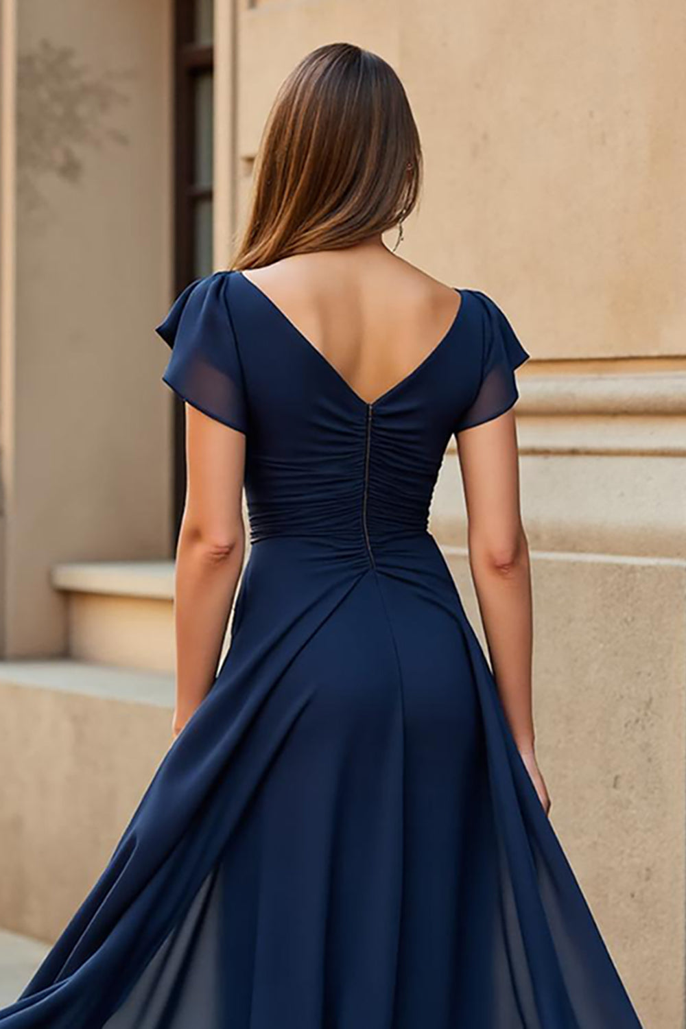 Pine Long Chiffon A Line V-Neck Mother of the Bride Dress