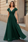 Pine Long Chiffon A Line V-Neck Mother of the Bride Dress