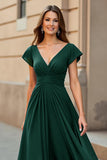 Pine Long Chiffon A Line V-Neck Mother of the Bride Dress
