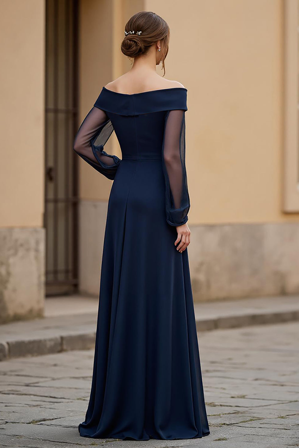 Off the Shoulder Chiffon A Line Navy Mother of the Bride Dress