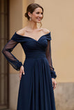 Off the Shoulder Chiffon A Line Navy Mother of the Bride Dress
