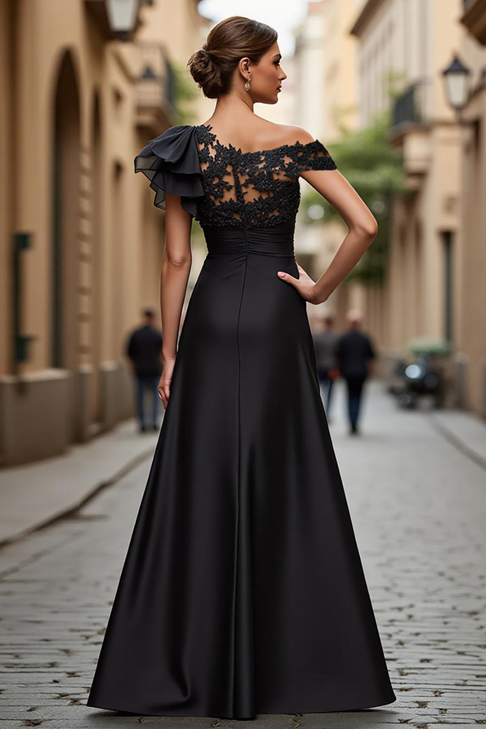 A Line Asymmetrical Black Mother of the Bride Dress with Appliques