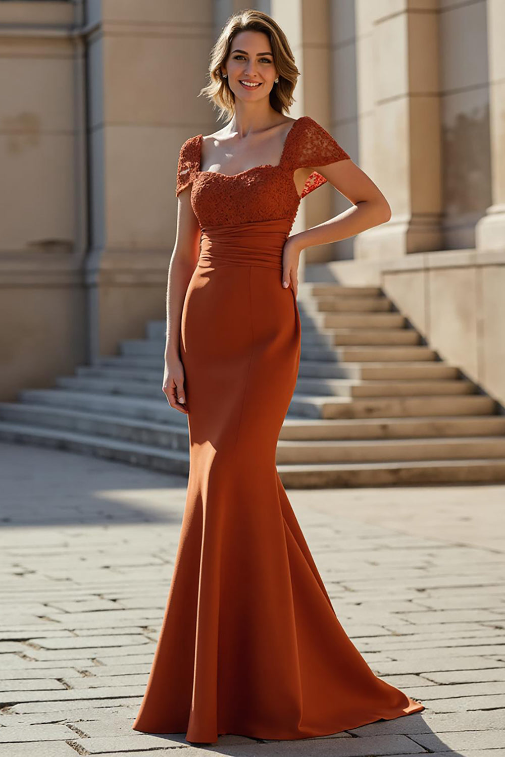 Rust Stretch Satin Mermaid Square Neck Long Mother of the Bride Dress with Lace