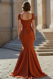 Rust Stretch Satin Mermaid Square Neck Long Mother of the Bride Dress with Lace