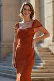 Rust Stretch Satin Mermaid Square Neck Long Mother of the Bride Dress with Lace