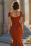 Rust Stretch Satin Mermaid Square Neck Long Mother of the Bride Dress with Lace